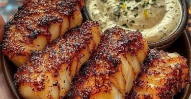 Crispy air fryer blackened cod fillets with creamy dill dipping sauce