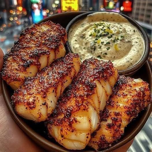 Crispy air fryer blackened cod fillets with creamy dill dipping sauce