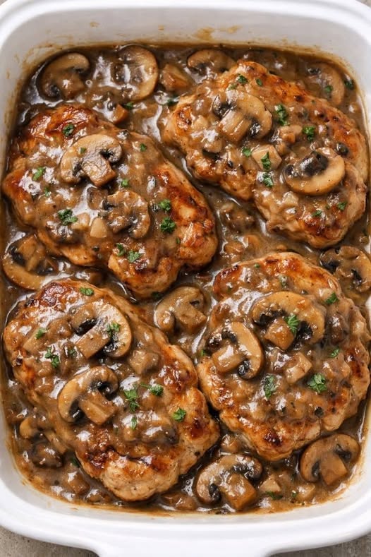 Creamy bacon mushroom pork chops in a baking dish