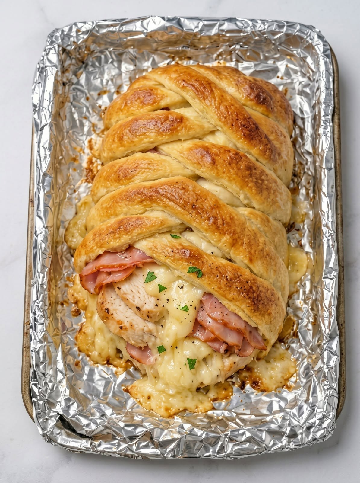 Braided chicken cordon bleu puff pastry