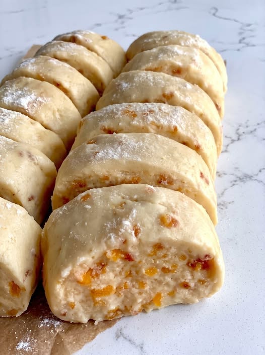 Sliced orange slice-and-bake cookies studded with candied orange and dusted with powdered sugar