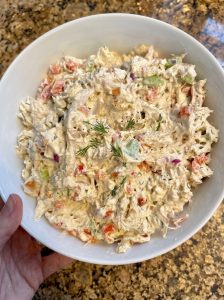 Deli-style chicken salad served in a bowl