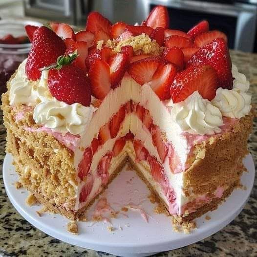 Strawberry birthday cake with whipped cream and fresh strawberries