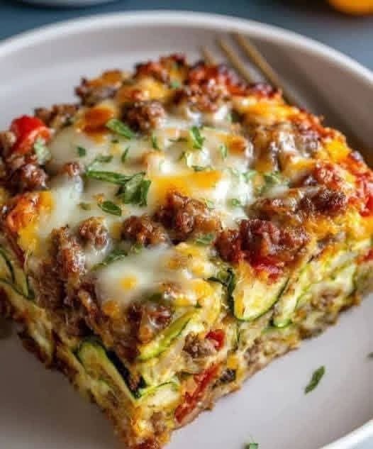 Anti-Inflammatory Zucchini Pizza Casserole - cheesy slice of zucchini pizza bake