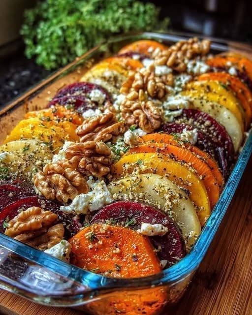 Roasted Vegetable Tian - layered roasted vegetables with goat cheese and walnuts