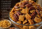 Crunchy Buttery Pecan Chex Mix — caramel-coated Chex cereal with pecan halves served in a bowl