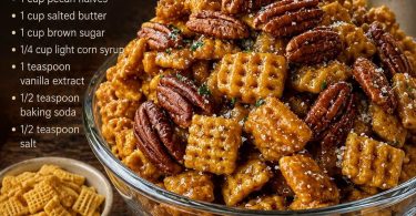 Crunchy Buttery Pecan Chex Mix — caramel-coated Chex cereal with pecan halves served in a bowl