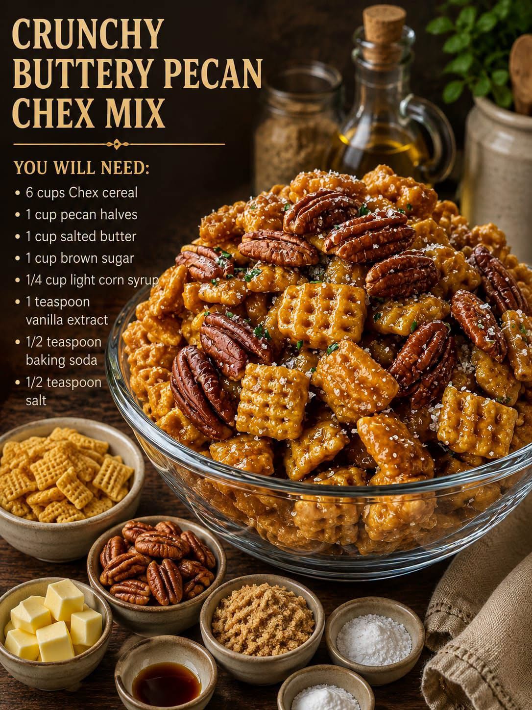 Crunchy Buttery Pecan Chex Mix — caramel-coated Chex cereal with pecan halves served in a bowl