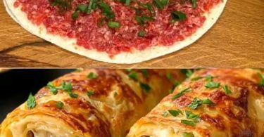 Cheesy Tortilla Meat Bake — golden baked tortilla rolls with seasoned beef and melted mozzarella