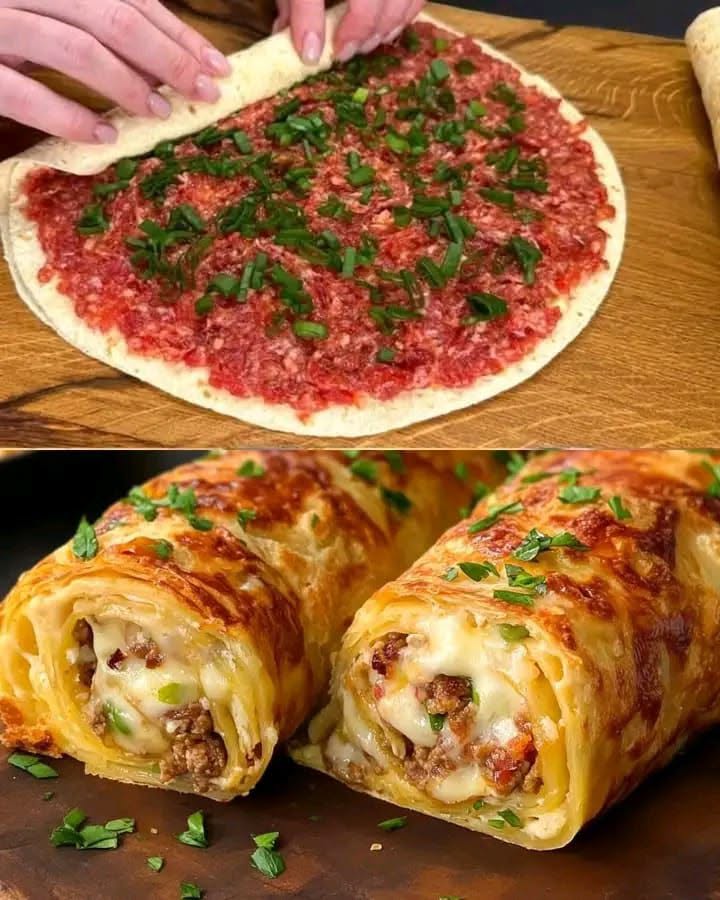 Cheesy Tortilla Meat Bake — golden baked tortilla rolls with seasoned beef and melted mozzarella
