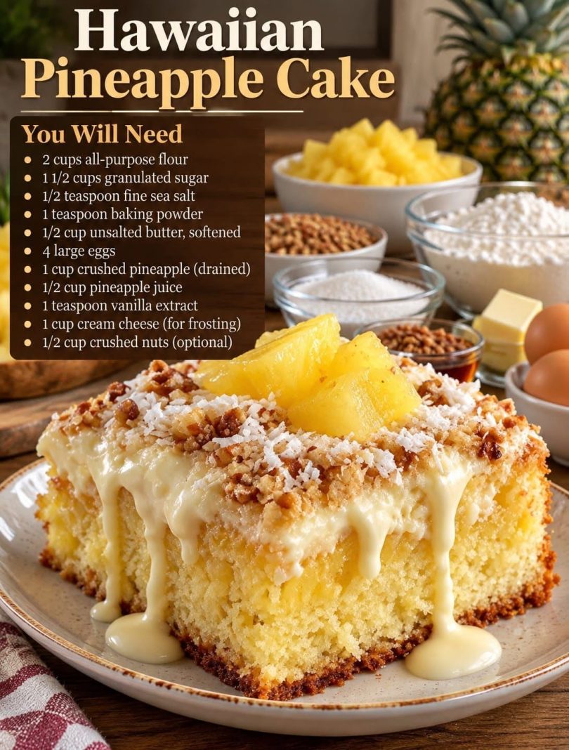 Hawaiian Pineapple Cake with cream cheese frosting, coconut and pineapple