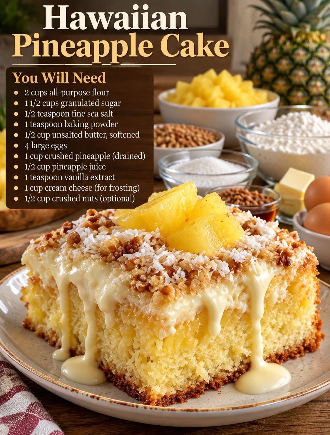 Hawaiian Pineapple Cake with cream cheese frosting, coconut and pineapple