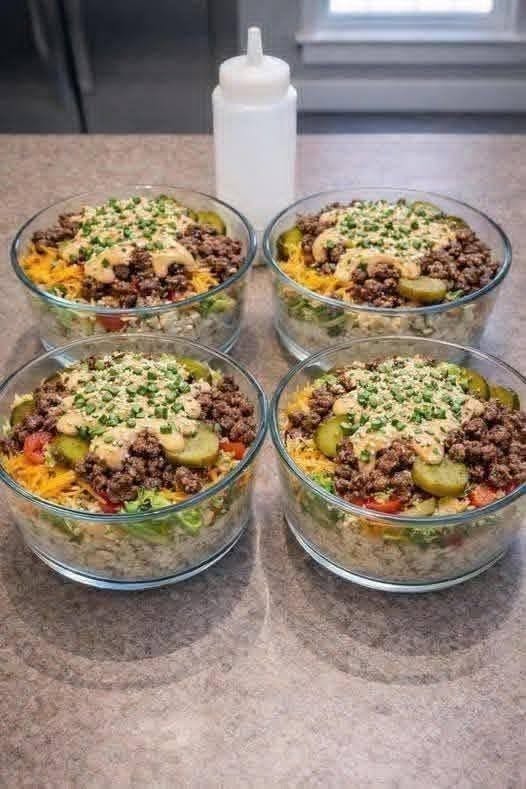 Big Mac Cheeseburger Protein Bowls with beef, pickles and Mac sauce